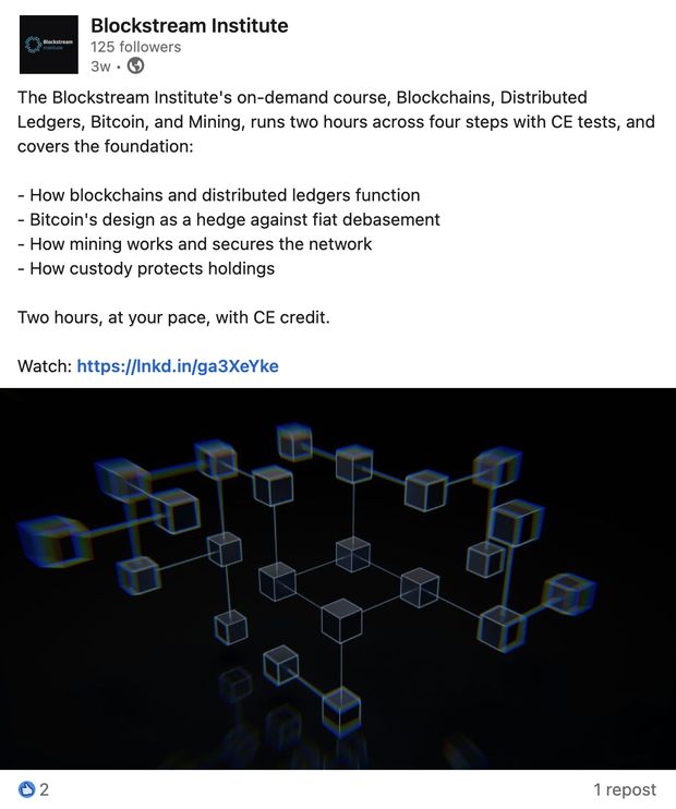 Blockstream Institute LinkedIn course post